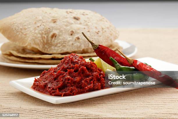 Garlic And Chilly Chutney With Roti Indian Food Stock Photo - Download Image Now - Bell Pepper, Black Color, Bread