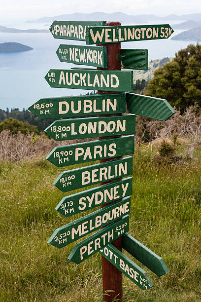 istock wooden pole with distances on Queen Charlotte Track 525770153