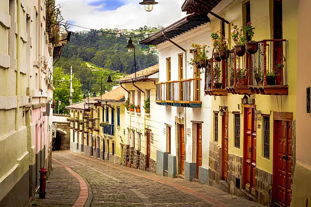 La Ronda picturesque curve street in colonial Quito Ecuador South America