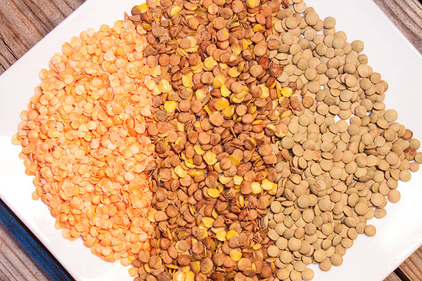 Red, brown and green lentils