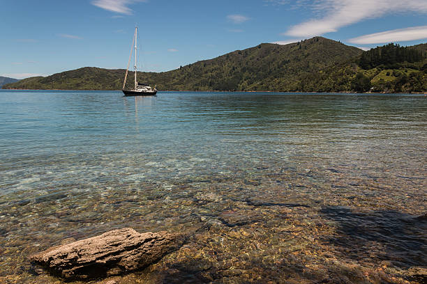 yacht amarrados en estrecho de la reina charlotte - queen charlotte sound fotografías e imágenes de stock