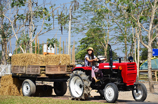 istock Thai Women portrait on Tractor machine with Rice straw Bale 525771425