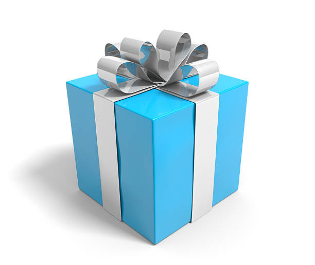 istock Blue gift box tied with a silver ribbon 525771881