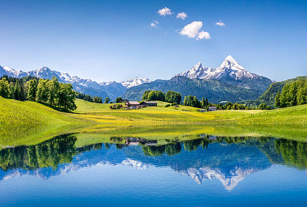 encantador paisaje de verano del lago de montaña en el área de los alpes - switzerland fotografías e imágenes de stock