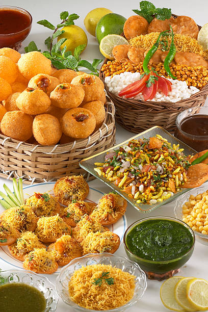 Mix chaat items bhelpuri, paanipuri, sevpuri stock photo
