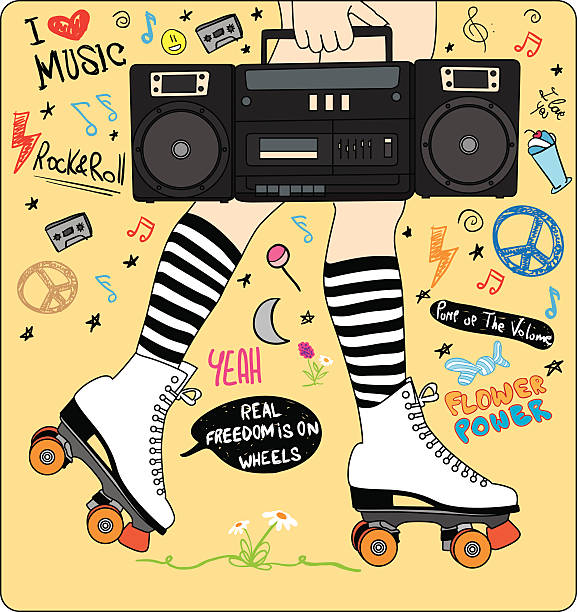 glückliches junges mädchen beine mit deinen inlineskates und stereoanlage und musik - peace on earth audio stock-grafiken, -clipart, -cartoons und -symbole