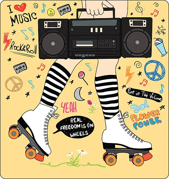 Vector illustration of happy young girl legs with roller skates and stereo and music