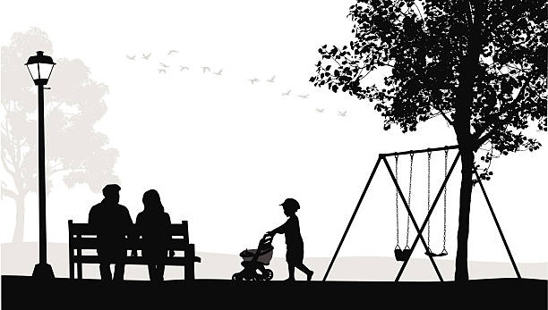 toystroller - bench park park bench silhouette stock-grafiken, -clipart, -cartoons und -symbole