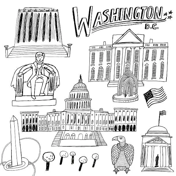 Vector illustration of Famous buildings and monuments in Washington DC, USA