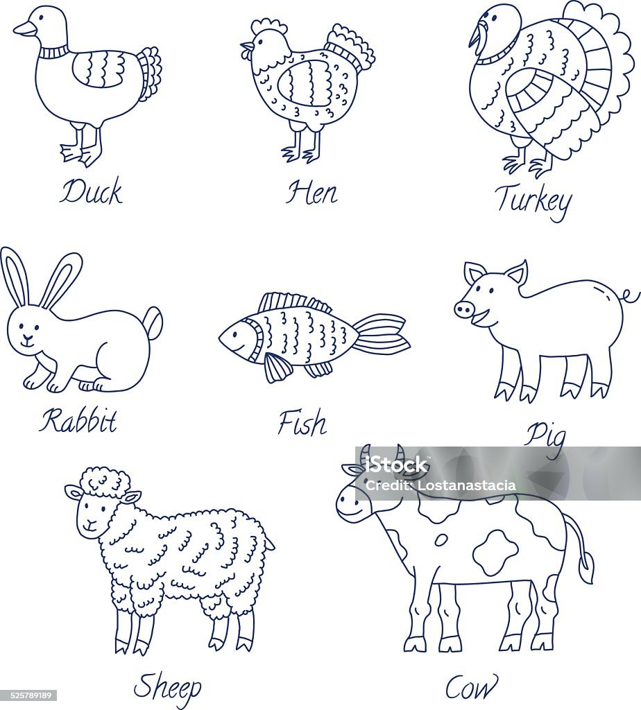 Meat animals cartoon set Simple drawing set of cartoony farm organic animals, isolated on white background Agriculture stock vector