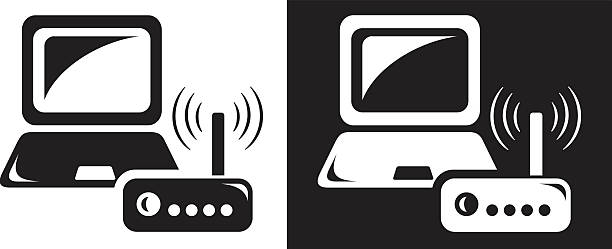 Computer with wireless router vector art illustration