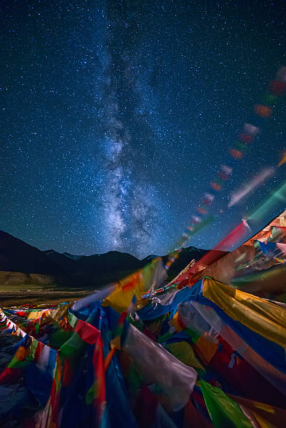 Milky Way Above Tibetan Prayer Flags stock photo