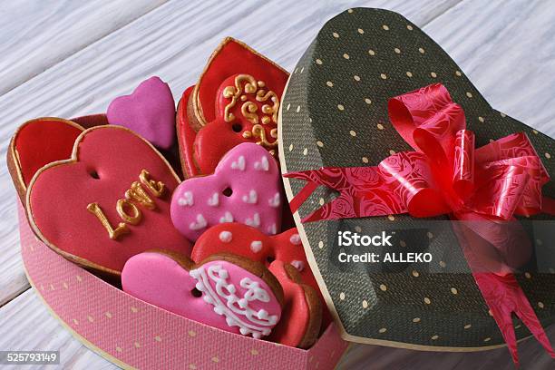 Colorful Hearts Biscuits In Festive Box With A Bow Stock Photo - Download Image Now - Baked, Beauty, Beauty In Nature