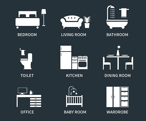 Interior icons Home interior design icons for bedroom, living room, bathroom, kitchen, dining room, home office, wardrobe, baby room. Vector icons set. bathroom silhouettes stock illustrations