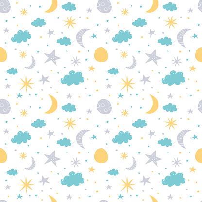 Vector seamless pattern with moon, cloud and stars. Children vector illustration on white background.