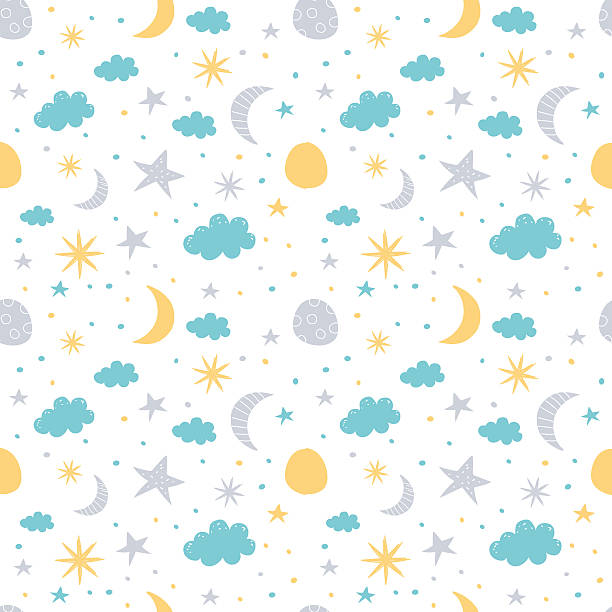 Night sky pattern Vector seamless pattern with moon, cloud and stars. Children vector illustration on white background. moon drawings stock illustrations