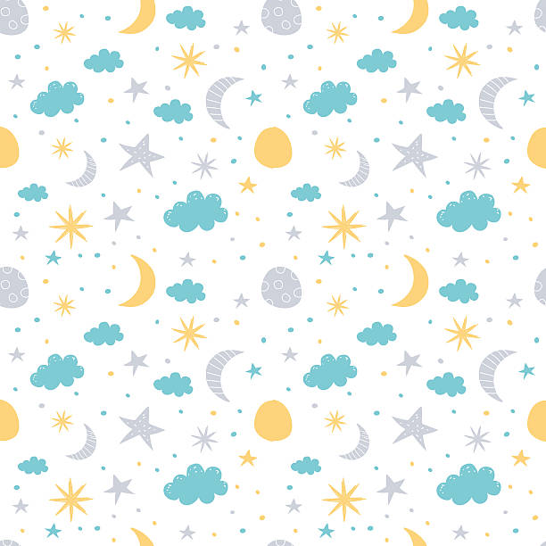 Night sky pattern Vector seamless pattern with moon, cloud and stars. Children vector illustration on white background. going to bed cartoon stock illustrations