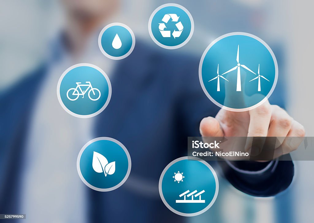 Presentation about renewable energy for a sustainable development Presentation about renewable energy for a sustainable development with icons on virtual screen Climate Change Stock Photo