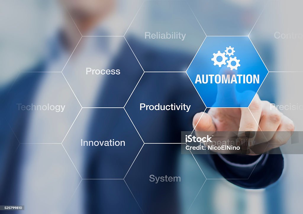 Presentation about automation to improve reliability and productivity Presentation about automation as an innovation improving productivity, reliability and repeatability in systems or processes Automated Stock Photo