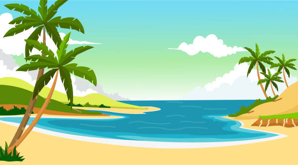 ilustrações, clipart, desenhos animados e ícones de praia de fundo para o projeto - wave island palm tree sea