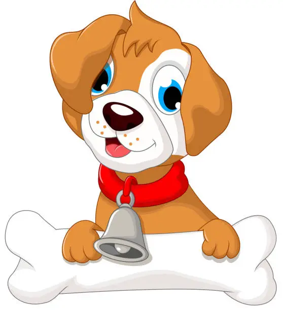 Vector illustration of funny puppy cartoon holding bone