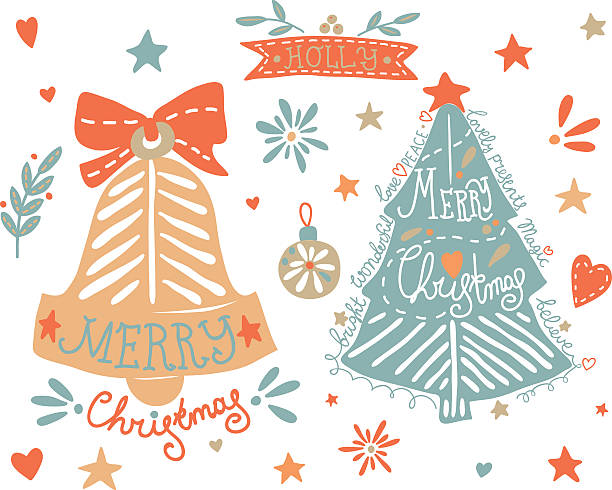 skizzenhafte elemente set mit einem weihnachtsbaum und bell - bell frame ribbon vector stock-grafiken, -clipart, -cartoons und -symbole