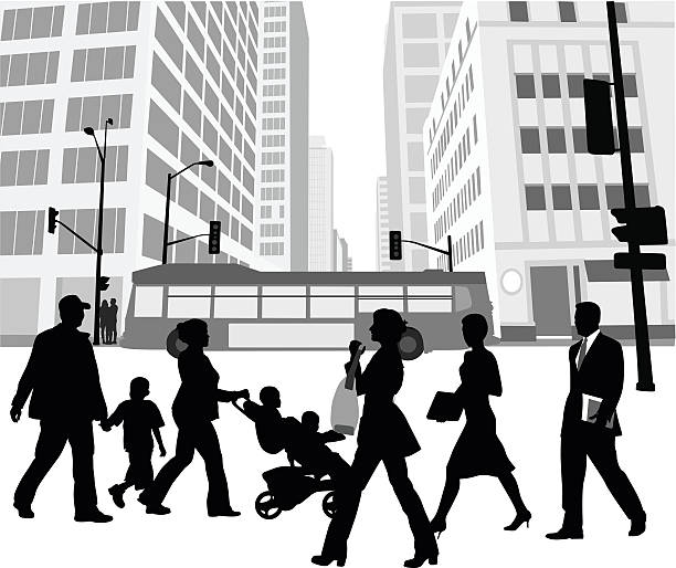 город блок силуэт пешеходов - businessman businesswoman family city stock illustrations