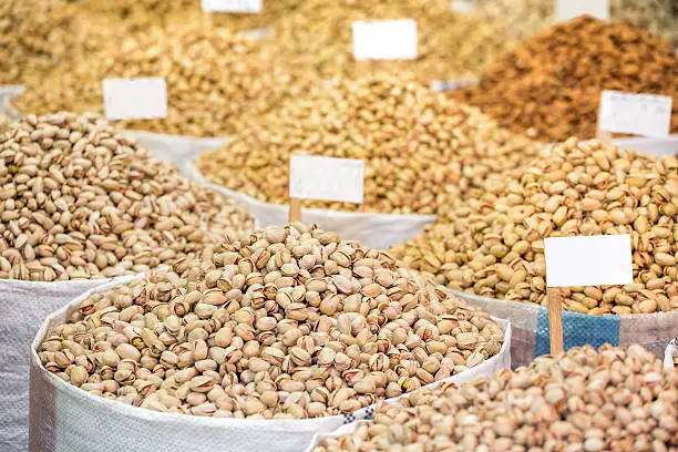 Various of pistachios at Iranian market