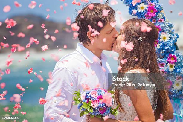 Wedding Couple Just Married Stock Photo - Download Image Now - Beach, Kissing, Wedding