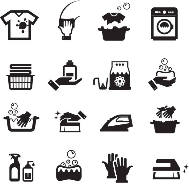 ilustrações de stock, clip art, desenhos animados e ícones de conjunto de ícones de lavar roupa - descida dos cestos