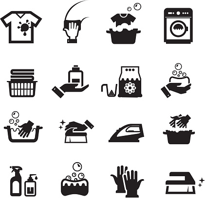 Laundry washing icons set. Collection of icons on white background