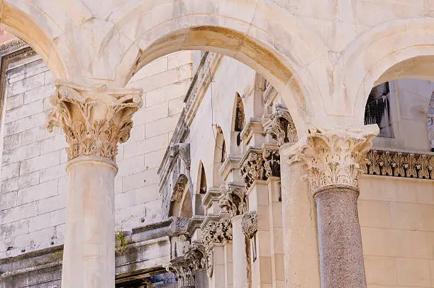 Closeup of the reconstructed Corinthian capitals of the Peristyle in Split, Croatia