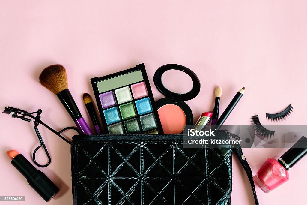 make up with cosmetics and brushes isolated on pink background make up with cosmetics and brushes isolated on pink background with copy space Make-Up Stock Photo