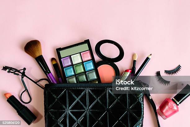 Make Up With Cosmetics And Brushes Isolated On Pink Background Stock Photo - Download Image Now