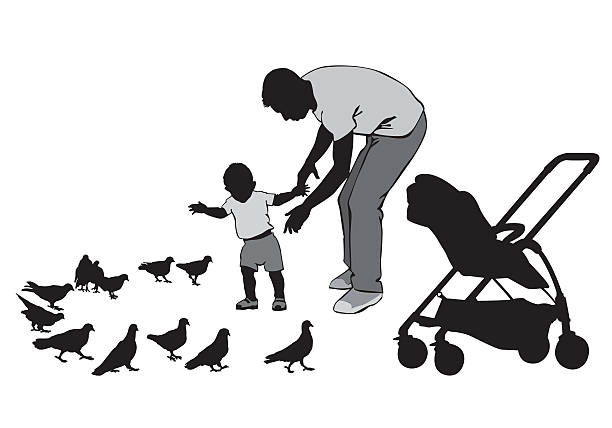 Father with child Father walks with the baby in the stroller. They feed the pigeons. The child learns to walk. Father protects the child. Silhouette on a white background. pigeon family stock illustrations