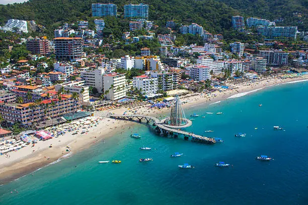 An aerial view of Puerto Vallarta bay from a parachute ride.