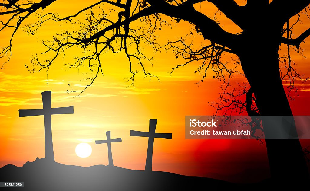 Silhouette of cross with tree on backlight a sunset. Silhouette of cross of Jesus Christ with big tree on backlight at sunset. Adult Stock Photo