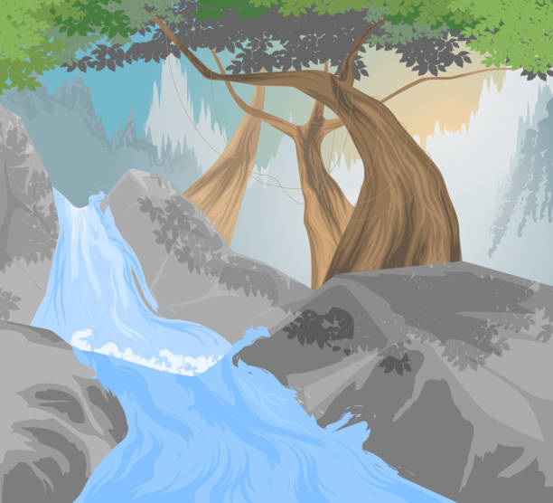 bildbanksillustrationer, clip art samt tecknat material och ikoner med river,waterfall scene - forsmark