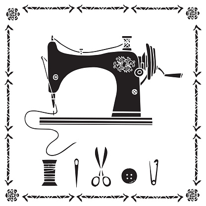 Hand drawn set black silhouettes sewing machine, thread, needle, scissors, button, safety pin, icons, frame with  flowers and arrows isolated on white background. Design elements - vector artwork