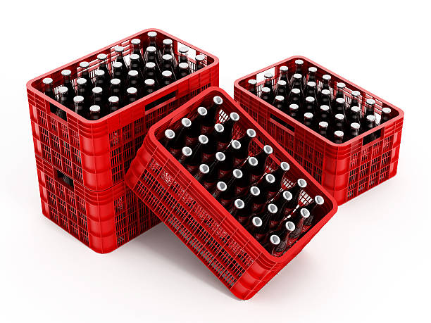 Red crates with glass soda bottles Red crates with glass soda bottles isolated on white background. beer crate stock pictures, royalty-free photos & images