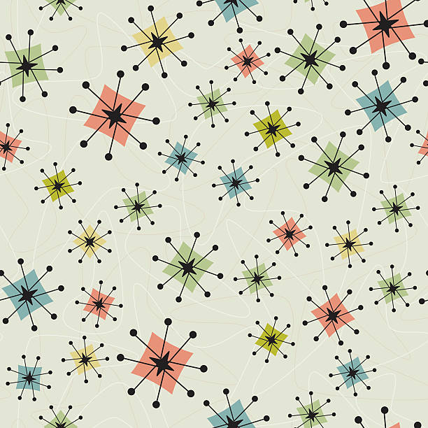 Seamless Vintage Atomic Stars Background Retro-stylized seamless atomic stars pattern on a background of boomerangs. Items are grouped so you can use them independently from the background. Designs extend off of the page but are clipped for seamless use. atom illustrations stock illustrations