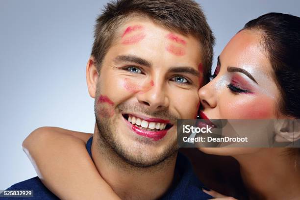 Beautiful Woman Kissing Happy Man Stock Photo - Download Image Now - Adult, Beautiful People, Beauty