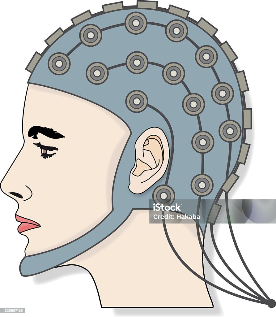 EEG Illustration of a person wearing an EEG head set. Electrode Stock Photo