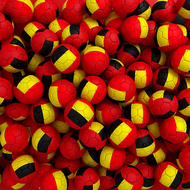 istock Belgium football balls (many). 3D render background 525858495