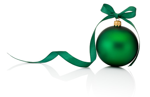 Green Christmas ball with ribbon bow Isolated on white background
