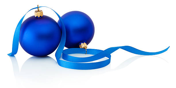 istock Two blue christmas balls and ribbon Isolated on white background 525859093