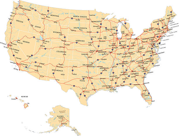 USA Highway Map Highly detailed map of United States with roads, states,  state capitals, important cities, rivers and major lakes. road map stock illustrations