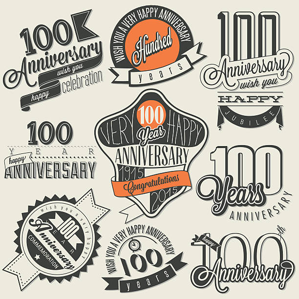  Retro Hundred anniversary design. Vintage labels for anniversary greeting. Hand lettering style typographic and calligraphic symbols for Centenary 