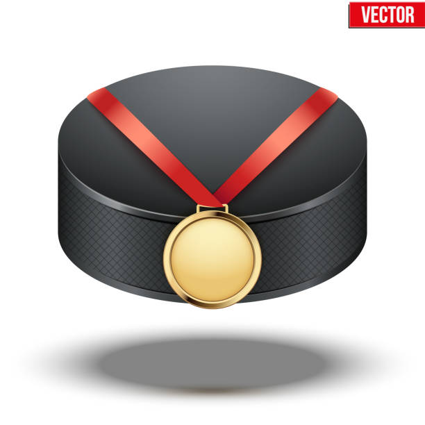 istock Sport gold medal with ribbon for winning ice hockey hangs 525861997