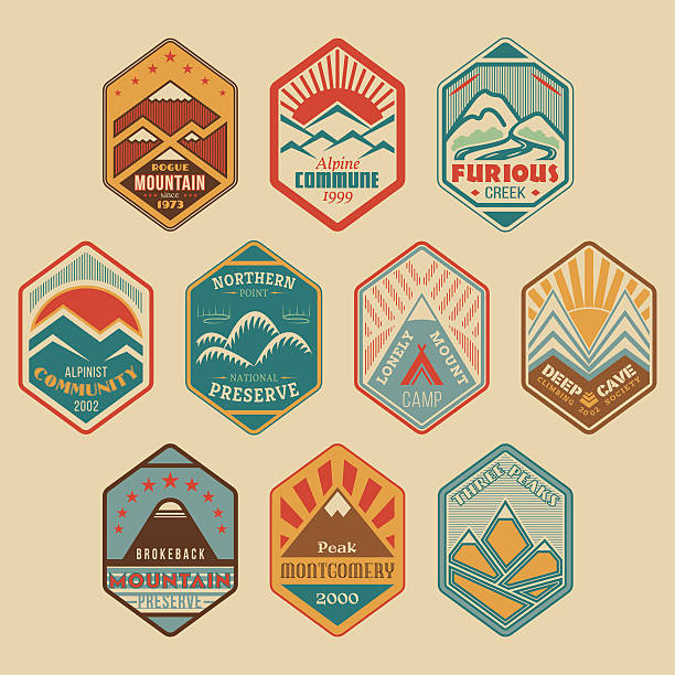 ilustrações de stock, clip art, desenhos animados e ícones de monte emblema set1color - camping campfire boy scout girl scout